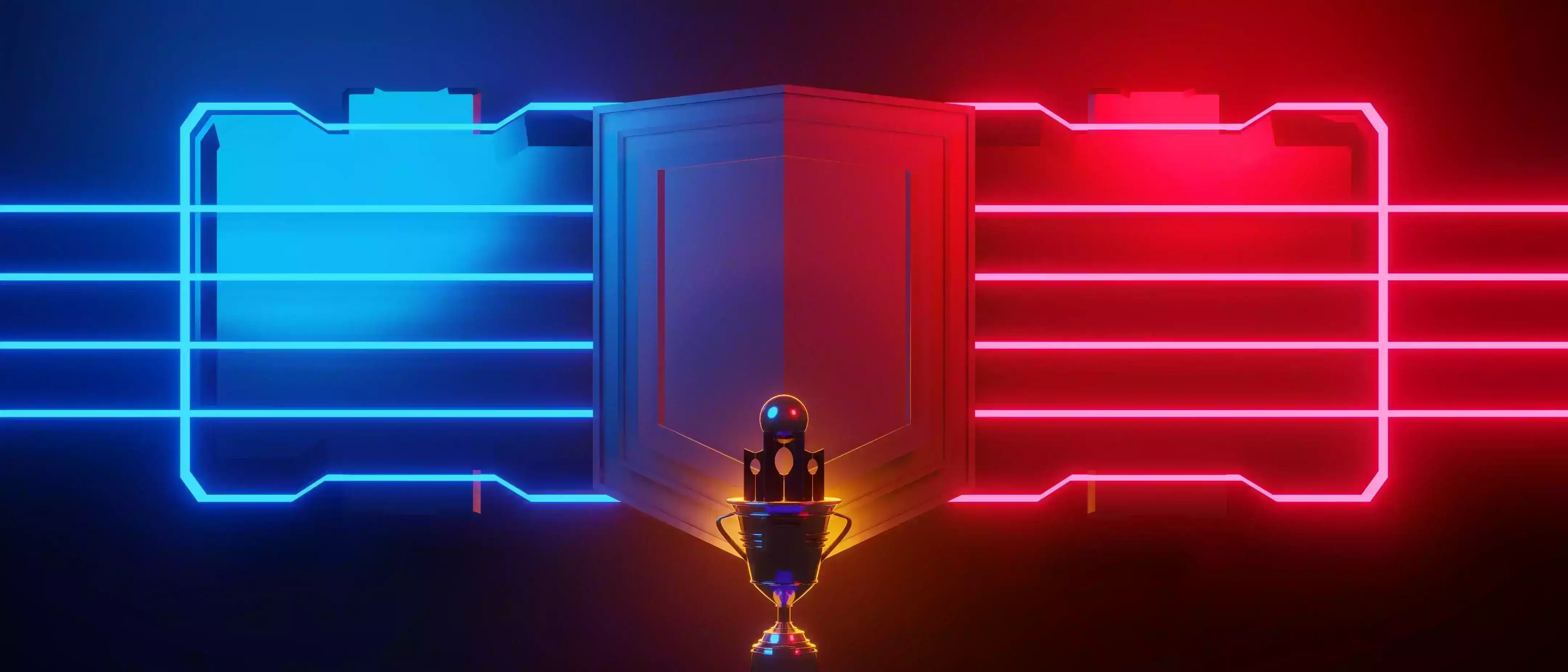 image of a trophy with a red vs blue theme backround